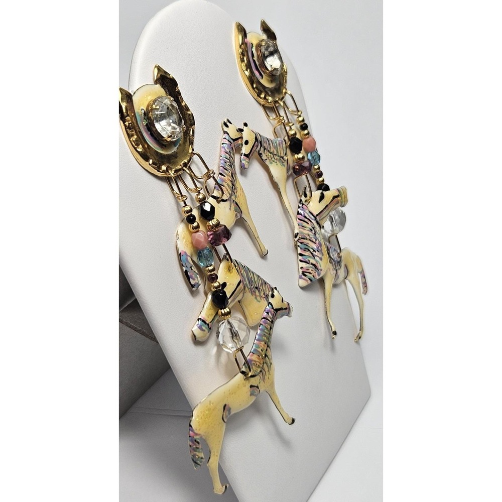 Vtg 1989 Lunch at the Ritz "Thoroughbred" Horse Earrings Multi-Tiered Dangle - Picture 4 of 16